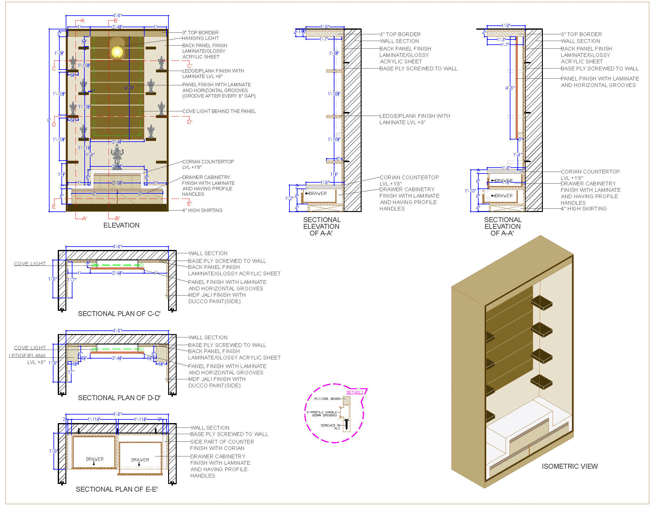 Pooja Room Cad Detail with Detailed Storage Design